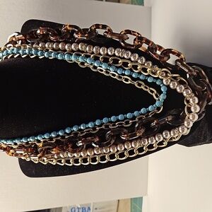 ViVI 5 Strand Faux Pearl, Turquoise, Rhinstone, Gold & Tortoise 18" Necklace